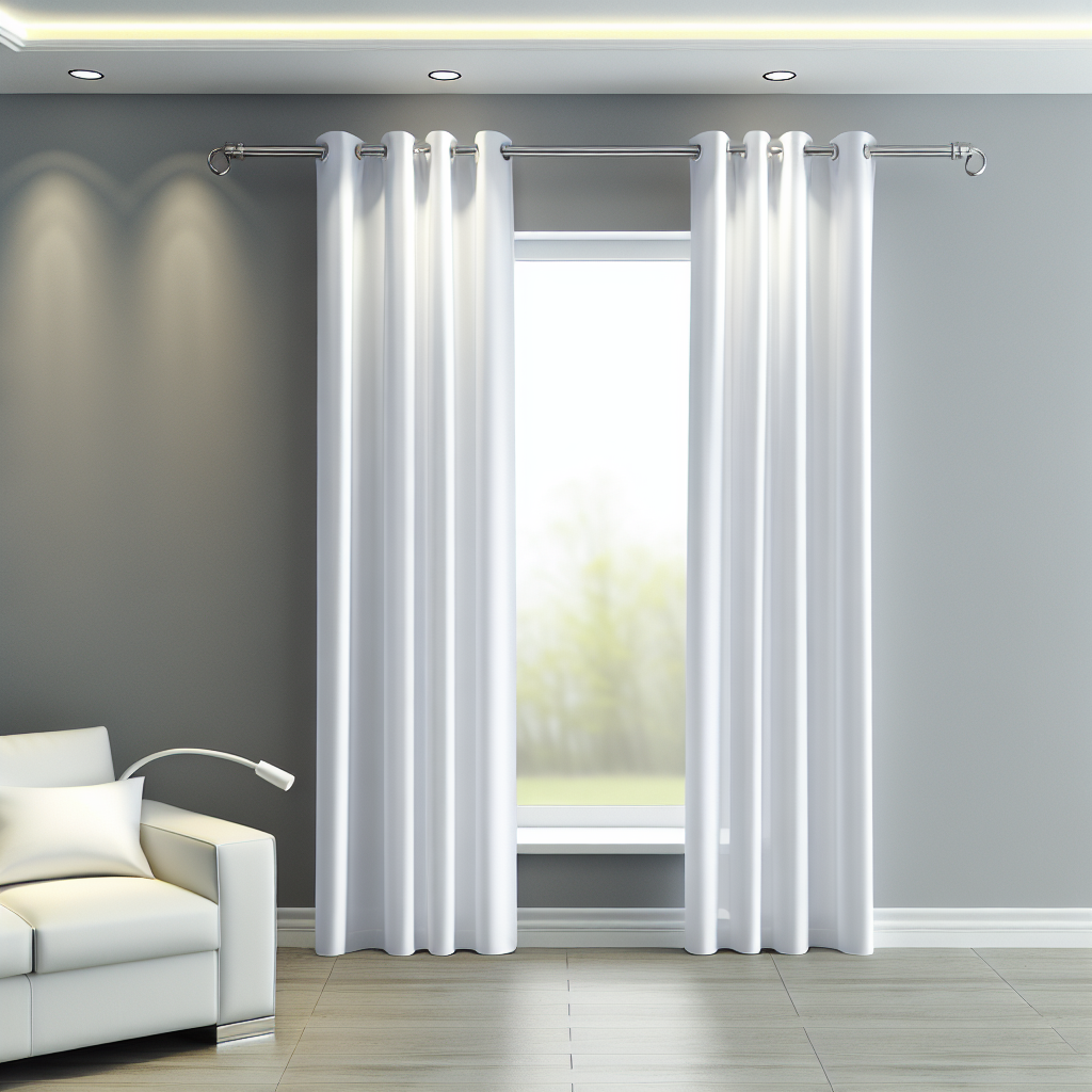 Rideau blanc uni en tissu épais avec plis réguliers, suspendu à une tringle métallique dans un salon moderne aux murs gris.