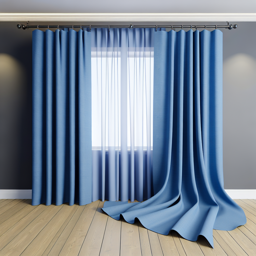 Rideau bleu clair en tissu épais avec plis ondulés, tringle métallique, dans une pièce aux murs gris et sol en bois clair.