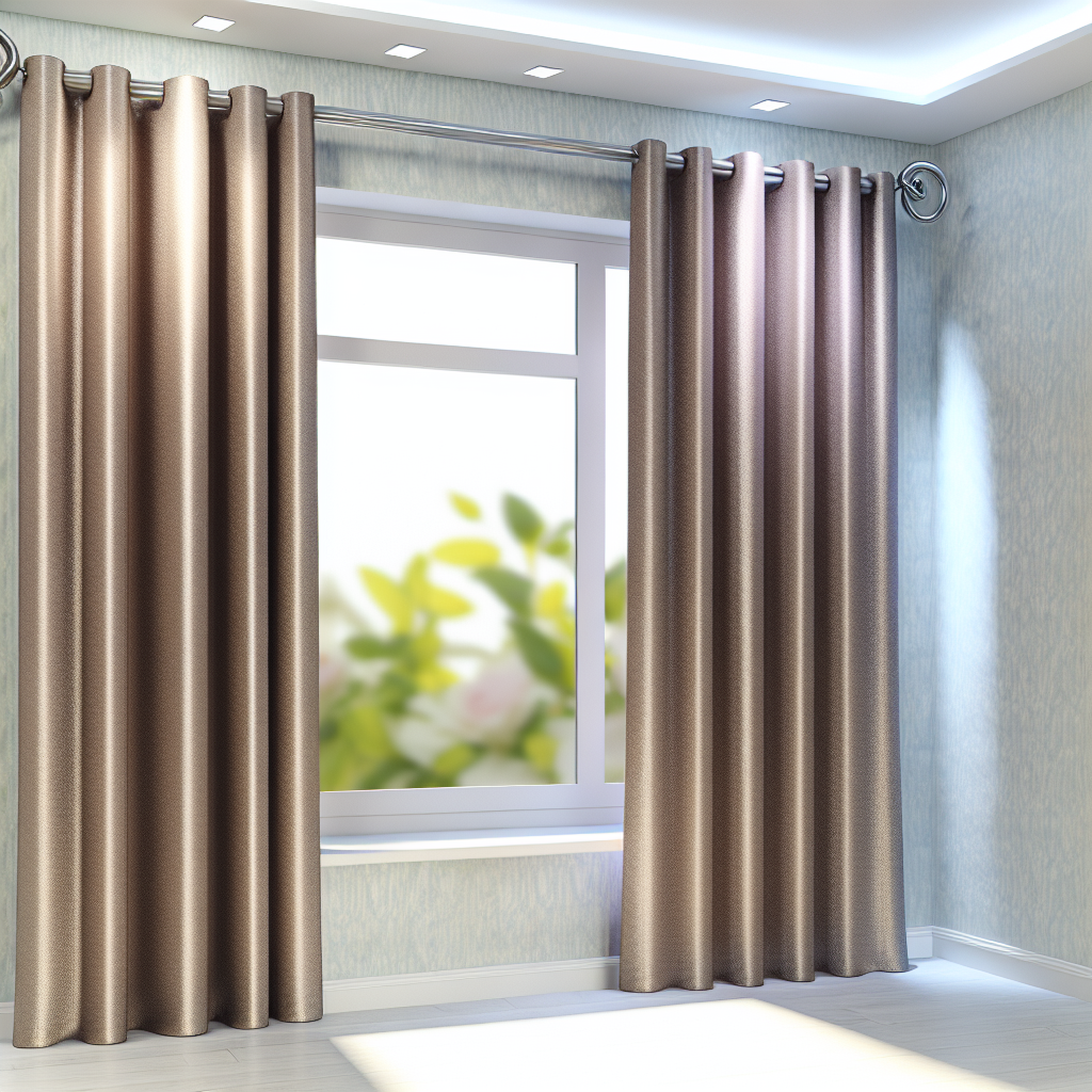 Rideau beige satiné avec plis réguliers, suspendu à une tringle métallique dans une pièce aux murs bleu clair, éclairage doux.