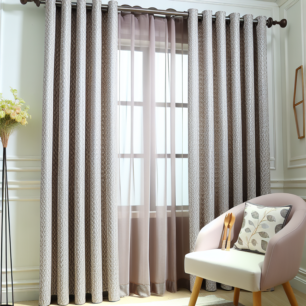 Rideau texturé gris avec plis réguliers, tringle en bois foncé, lumière douce, dans un salon aux murs blancs avec fauteuil rose.