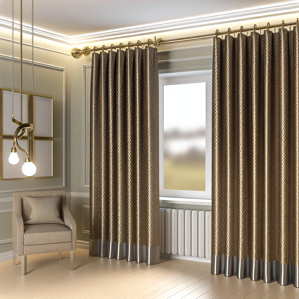 Rideau en tissu texturé marron et doré avec plis réguliers, tringle dorée, dans un salon aux murs verts et éclairage doux.