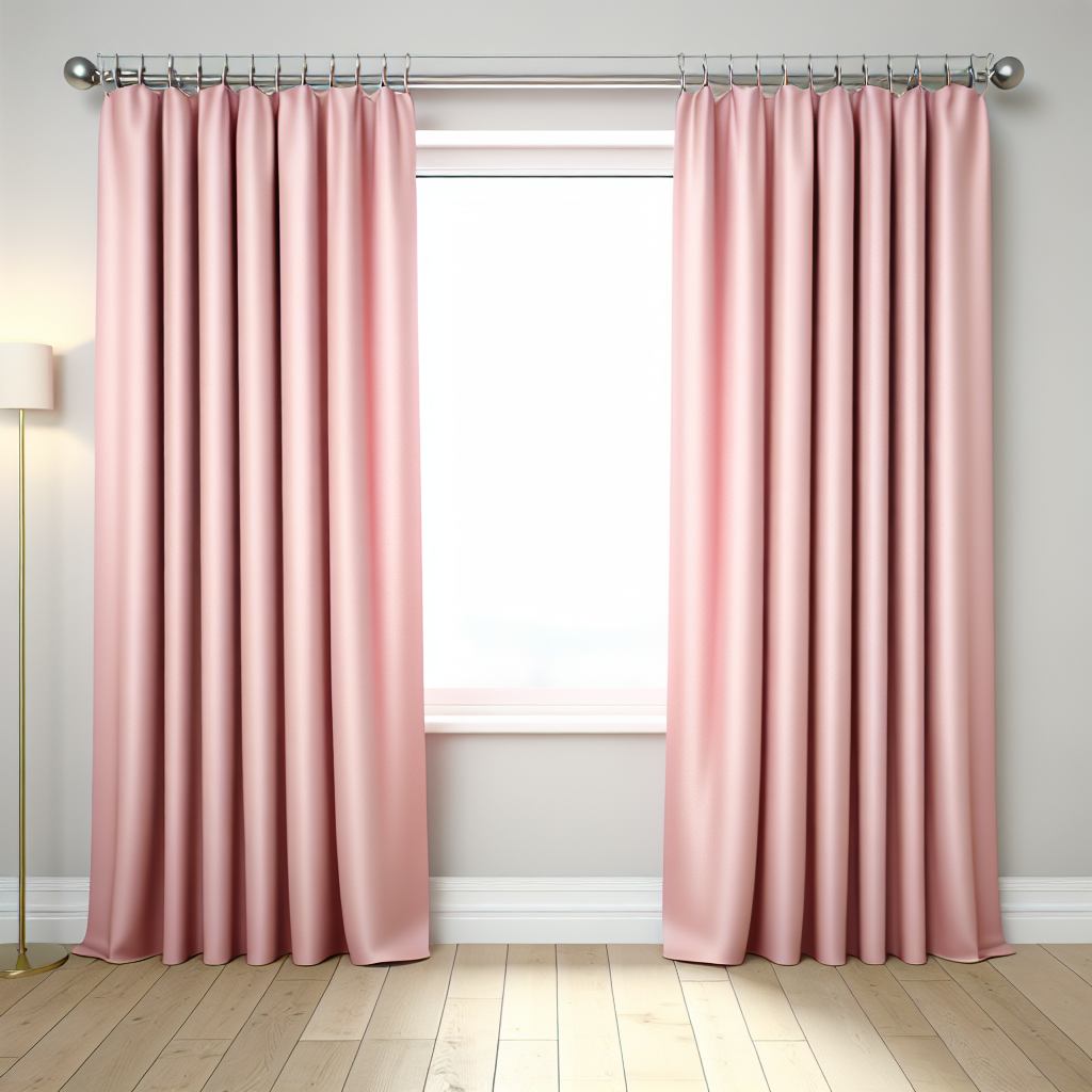Rideau en satin rose pâle avec plis réguliers, suspendu à une tringle métallique dans une pièce aux murs gris clair et sol en bois clair.