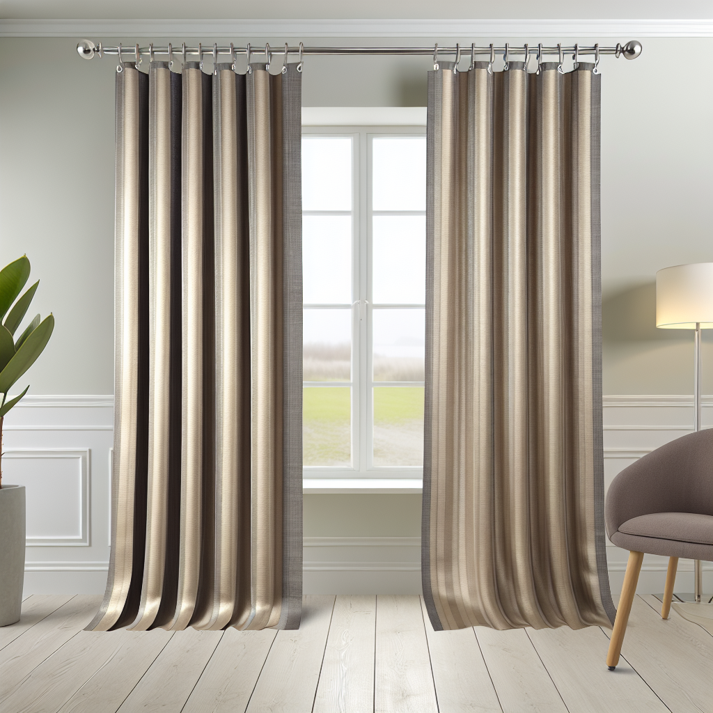 Rideau à rayures verticales beige et gris, tissu lisse, plis réguliers, tringle argentée, dans salon lumineux avec plante et fauteuil.