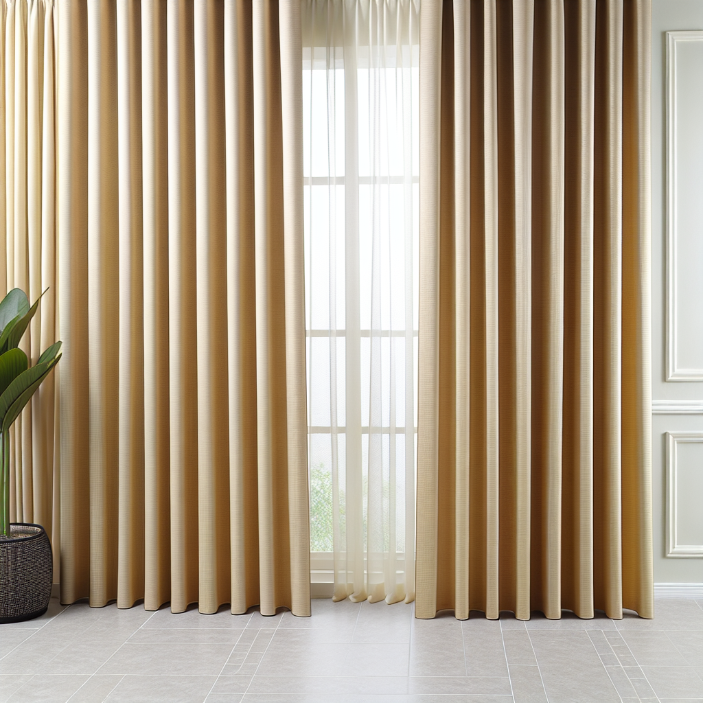 Rideau beige épais avec plis réguliers, tringle cachée, lumière douce filtrant, plante verte à gauche, sol carrelé gris.