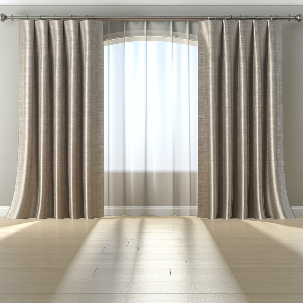 Rideau en tissu beige texturé avec plis réguliers, tringle métallique, lumière douce filtrant, sol en bois clair, murs neutres.