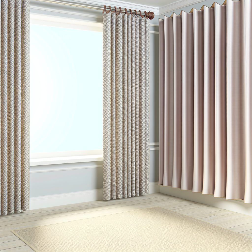Rideau en tissu texturé beige avec plis réguliers, tringle en bois foncé, dans une pièce aux murs clairs et sol en bois clair.