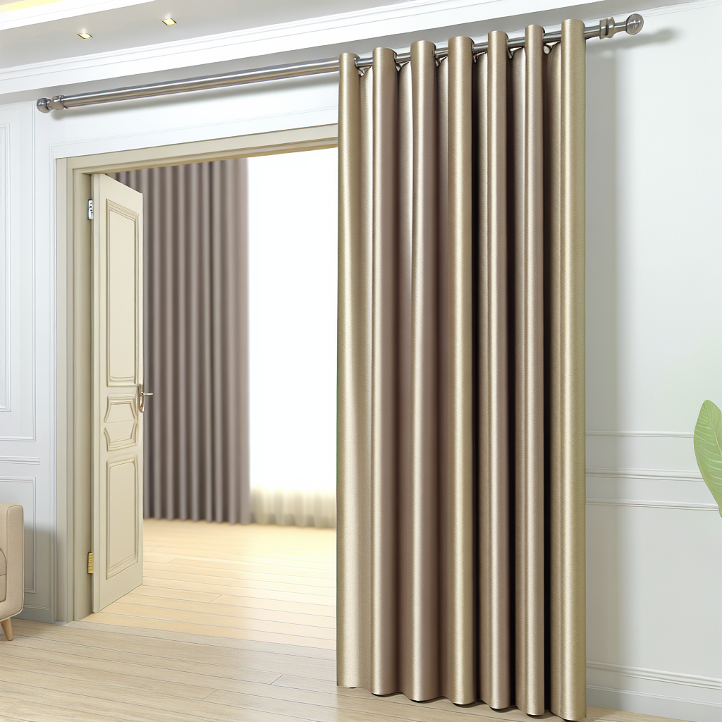 Rideau en tissu beige brillant avec plis réguliers, suspendu à une tringle métallique dans un intérieur moderne aux murs blancs.