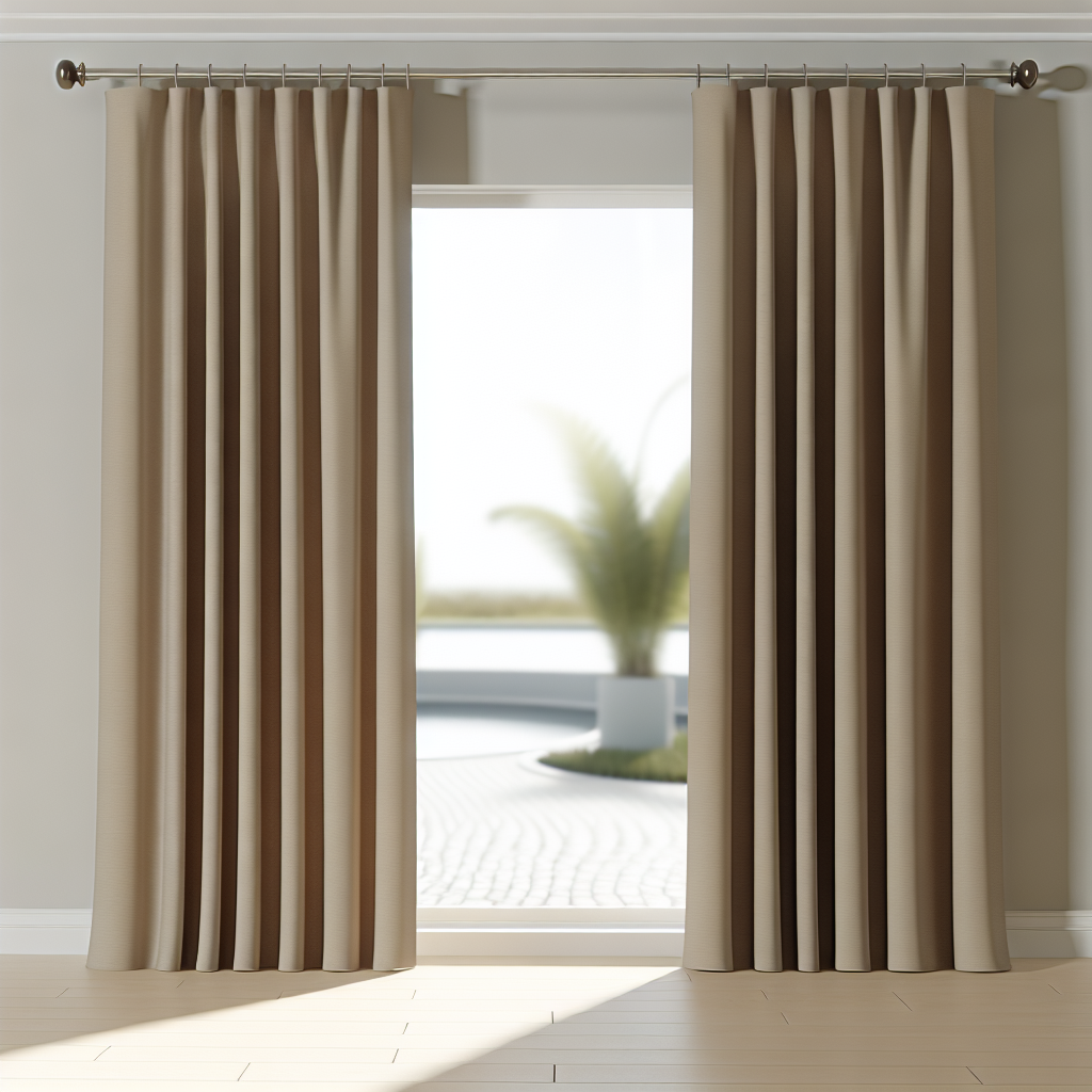 Rideau beige à plis réguliers, tissu épais, tringle métallique, lumière naturelle, plante floue à l'extérieur, sol en bois clair.