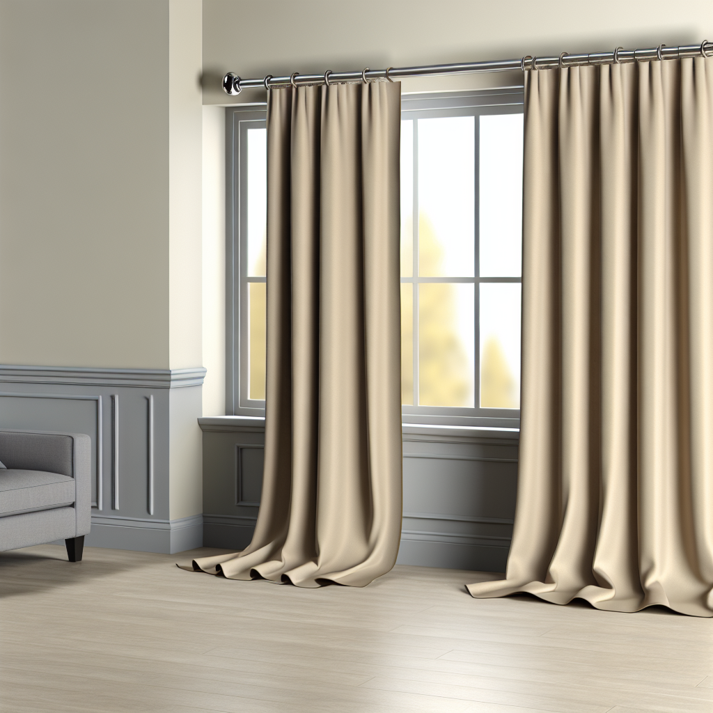 Rideau beige uni en tissu épais avec plis souples, suspendu à une tringle métallique dans un salon aux murs crème et sol en bois clair.