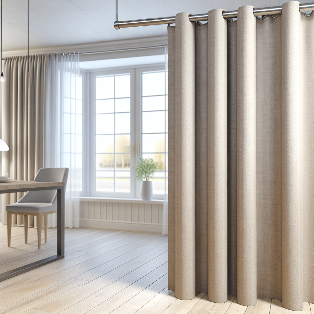 Rideau beige en tissu épais avec plis réguliers, suspendu à une tringle métallique dans une salle à manger lumineuse avec parquet clair.