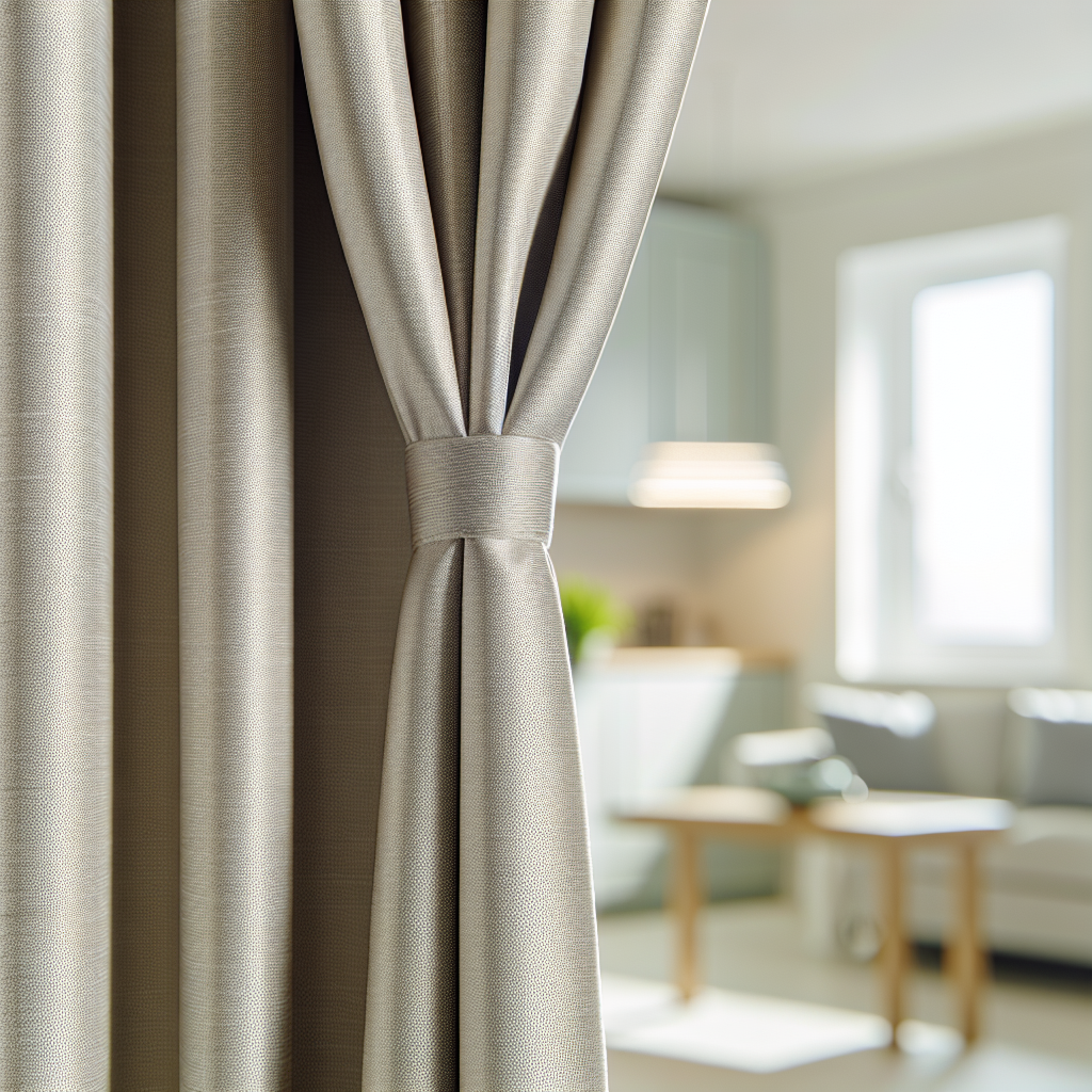 Rideau beige texturé avec plis serrés, attaché par une bande, dans un salon lumineux avec canapé et table en bois.