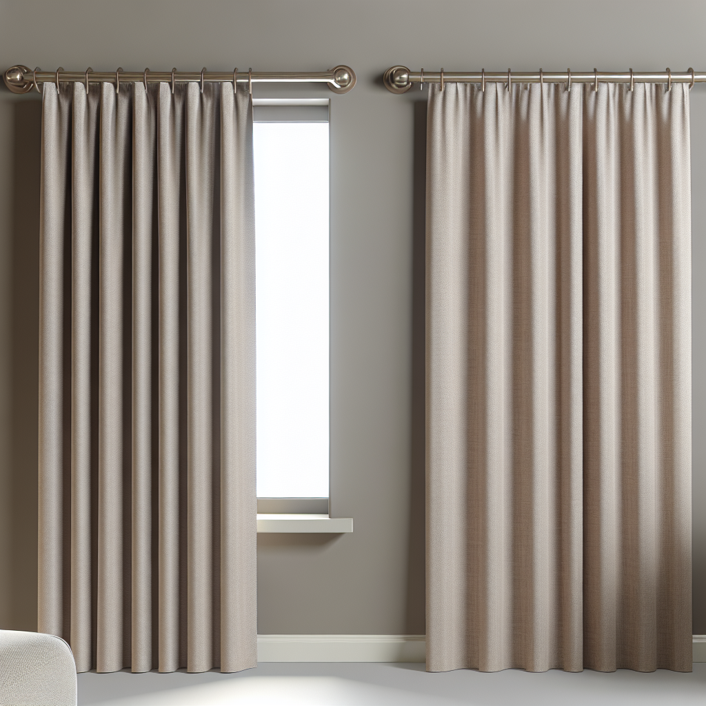Rideau beige clair en tissu épais avec plis réguliers, suspendu à une tringle métallique dans une pièce aux murs gris clair.