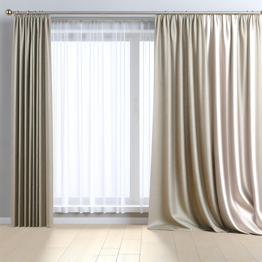 Rideau beige en tissu épais avec plis droits, tringle métallique dorée, voilage blanc derrière, sol en bois clair, lumière naturelle douce.
