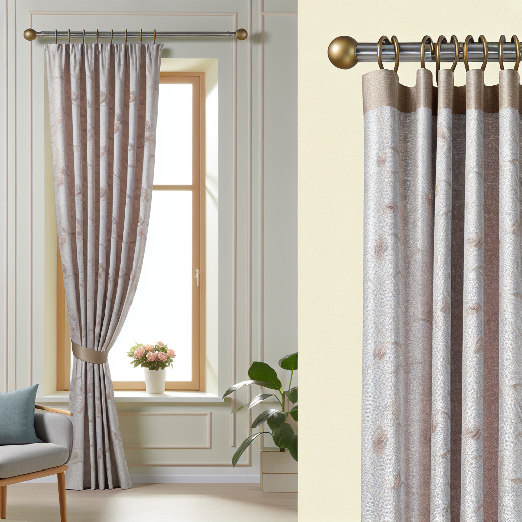 Rideau en tissu gris clair avec motifs floraux roses, plis réguliers, tringle métallique dorée, dans un salon lumineux avec plantes et fa...