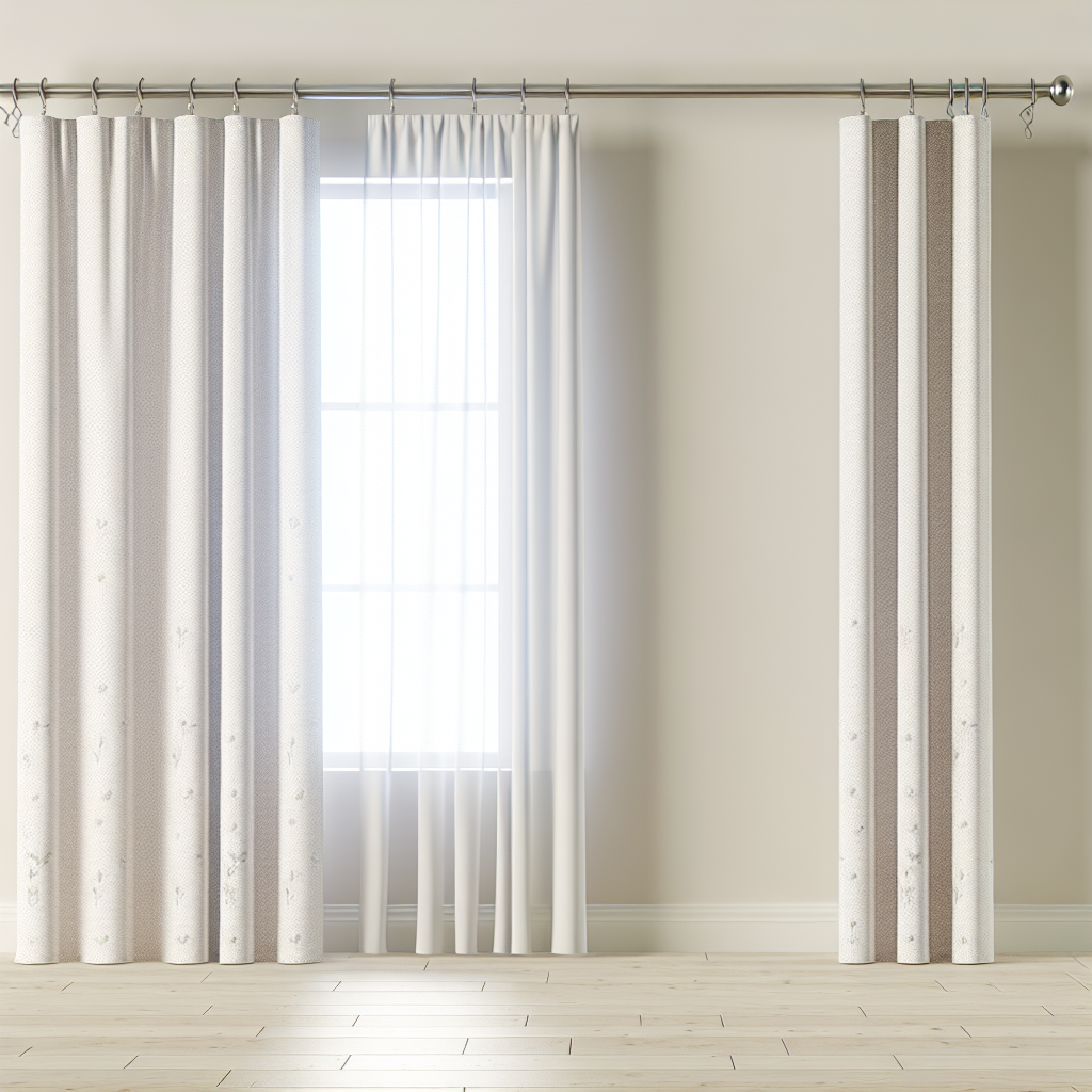 Rideau en tissu blanc avec motifs discrets, plis droits, tringle métallique, lumière naturelle filtrant, sol en bois clair, murs beige.