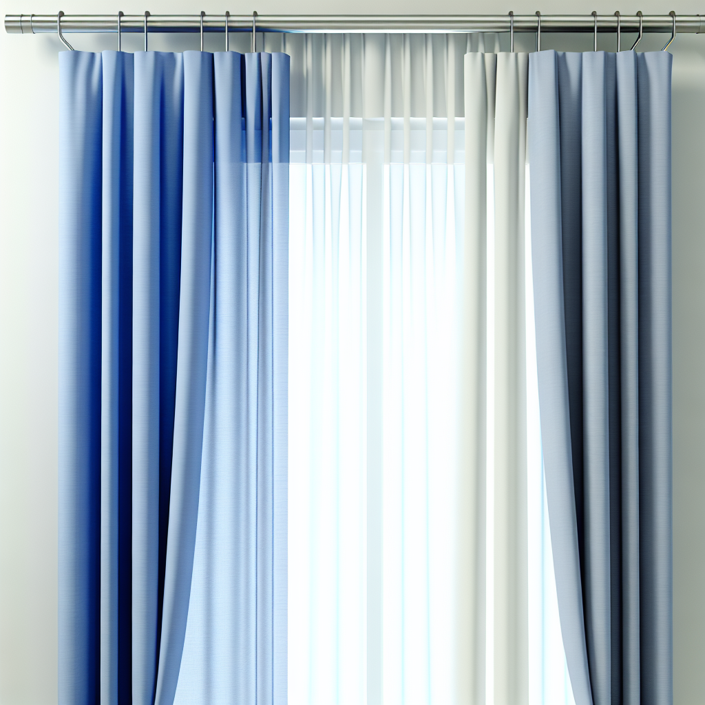 Rideau bleu et blanc en tissu lisse avec plis droits, suspendu à une tringle métallique dans une pièce lumineuse aux murs clairs.