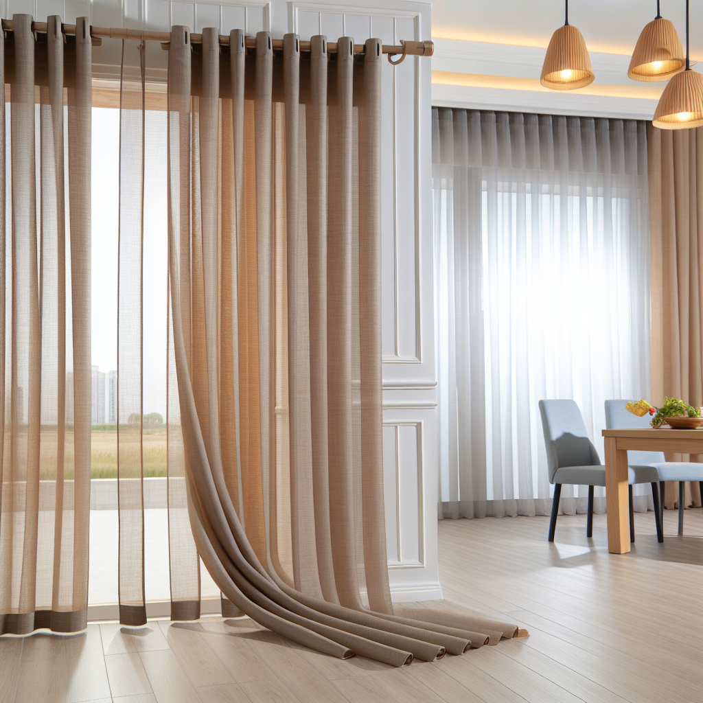 Rideau en tissu beige semi-transparent avec plis ondulés, tringle en métal, dans une pièce lumineuse avec sol en bois clair et table à ma...