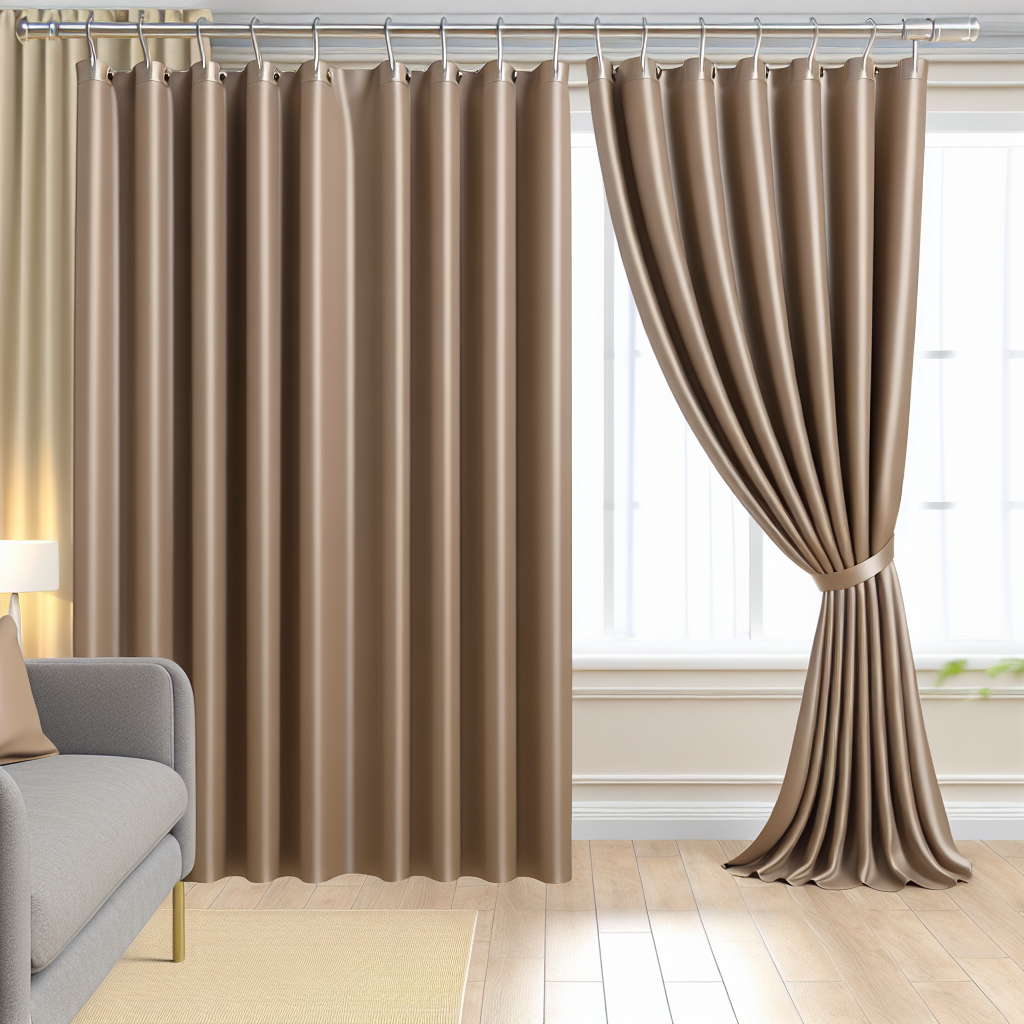 Rideau en tissu marron uni avec plis réguliers, tringle métallique, dans un salon avec canapé gris et lumière naturelle douce.