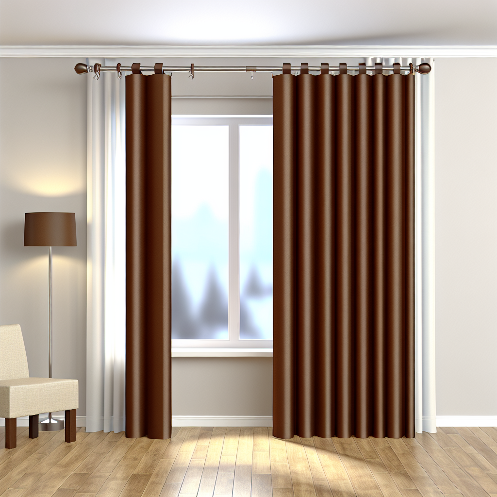 Rideau marron uni en tissu épais avec plis réguliers, tringle métallique, dans un salon aux murs beiges et sol en bois clair.
