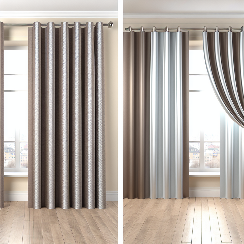 Rideau en tissu brillant gris et beige avec plis réguliers, tringle métallique, dans une pièce aux murs crème et sol en bois clair.