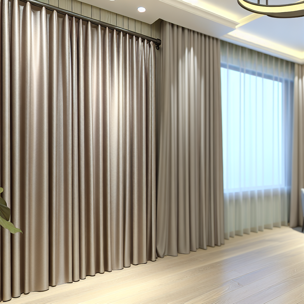 Rideau en tissu satiné beige avec plis réguliers, tringle noire, dans un salon moderne avec parquet clair et éclairage encastré.