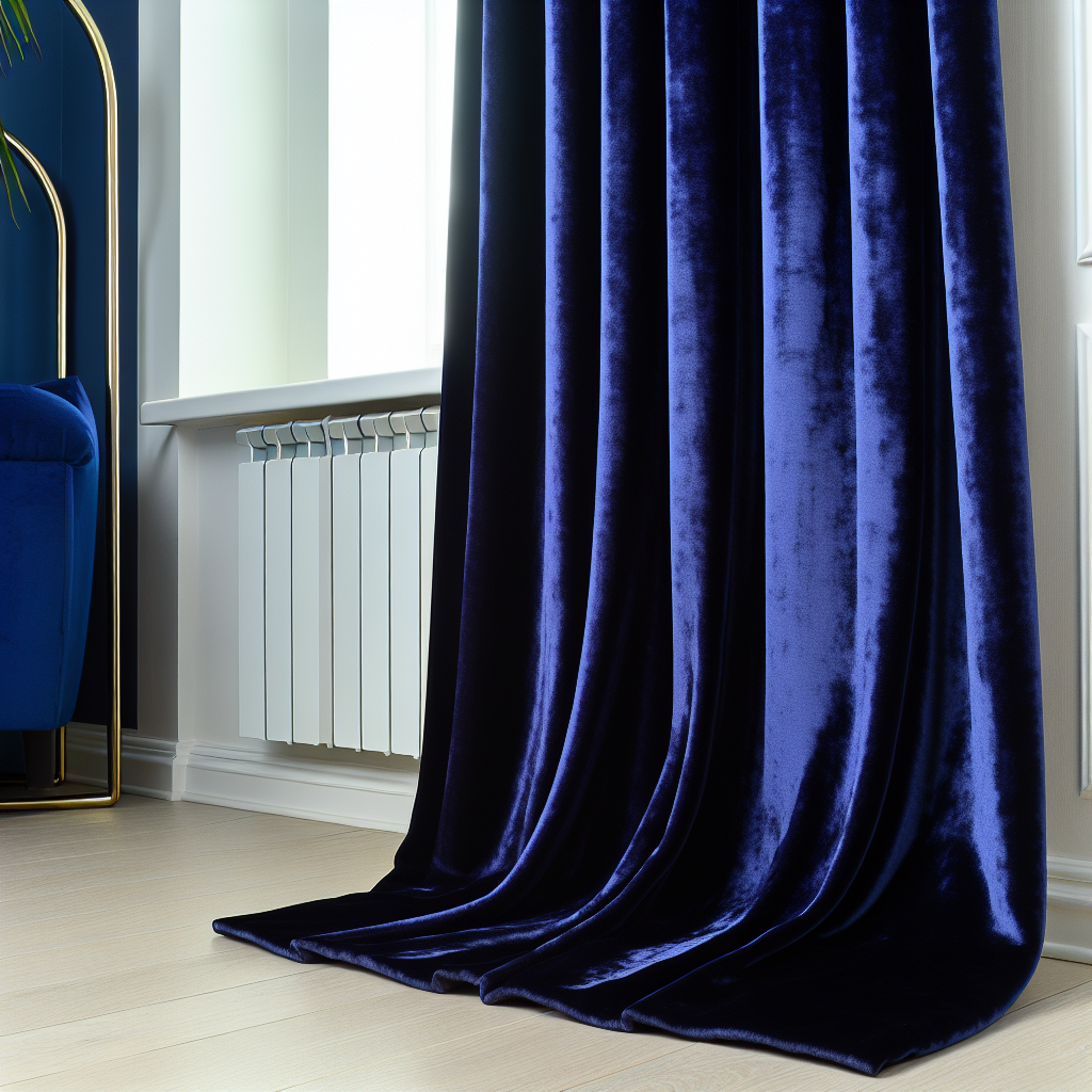 Rideau en velours bleu foncé avec plis fluides, posé au sol, dans un salon moderne avec parquet clair et radiateur blanc.