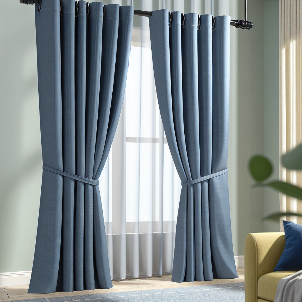 Rideau bleu uni en tissu épais avec plis réguliers, tringle noire, dans un salon aux murs vert clair, lumière naturelle filtrant à travers.