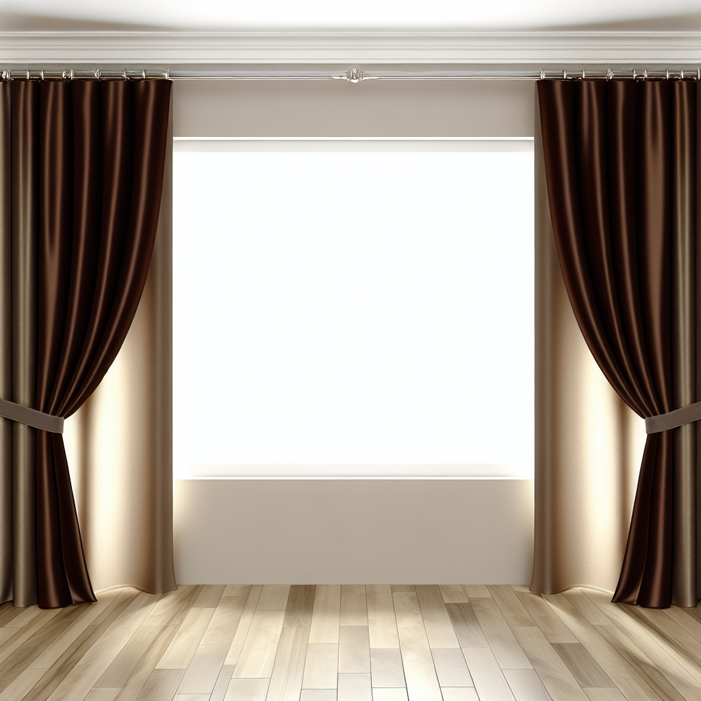 Rideau en satin marron foncé avec plis élégants, tringle argentée, dans une pièce aux murs clairs et parquet en bois clair.