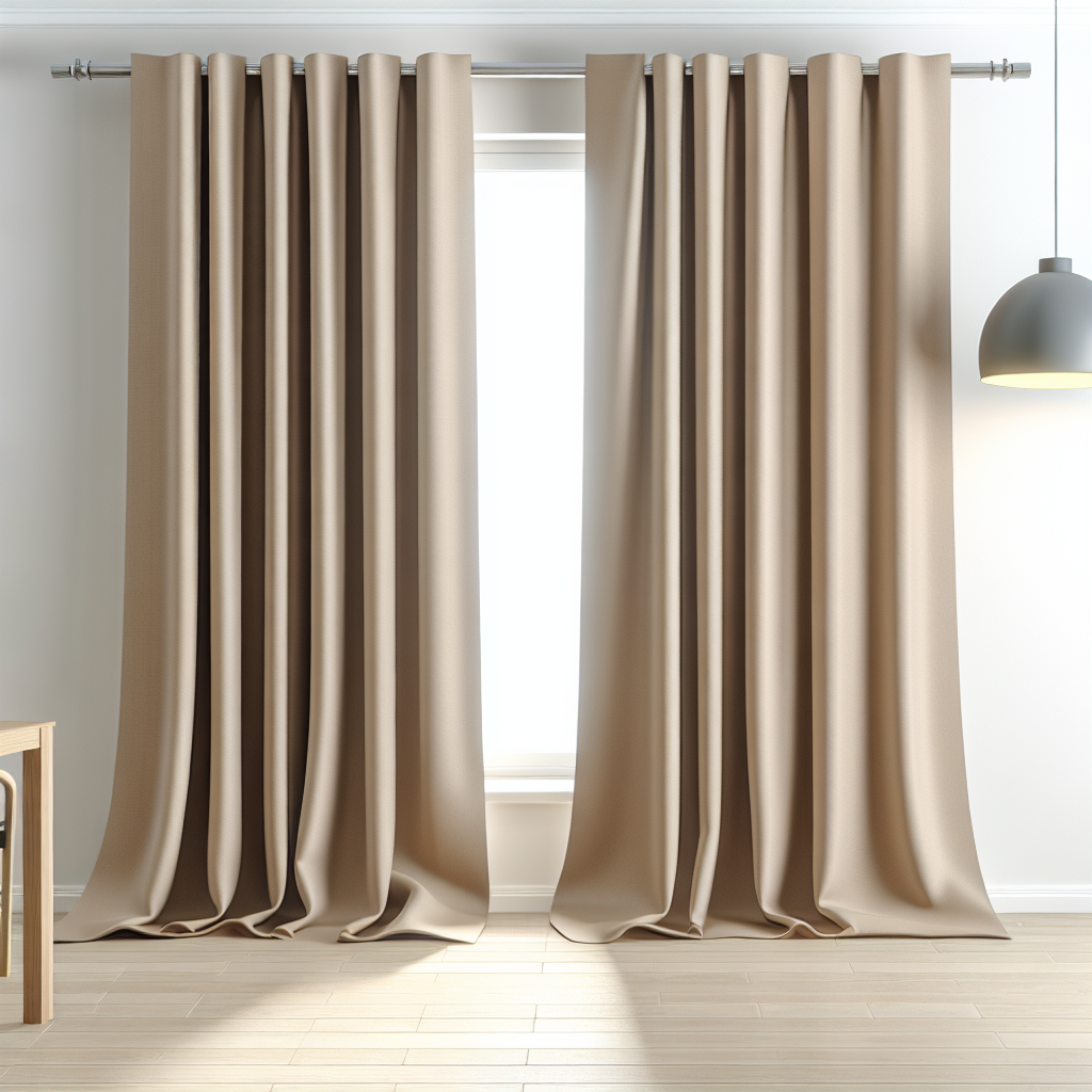 Rideau beige en tissu épais avec plis droits, suspendu à une tringle métallique dans une pièce aux murs blancs et sol en bois clair.