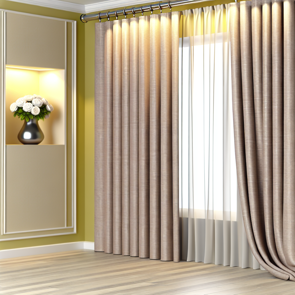 Rideau en tissu beige texturé avec plis réguliers, tringle métallique, lumière douce, dans une pièce aux murs jaunes et sol en bois clair.