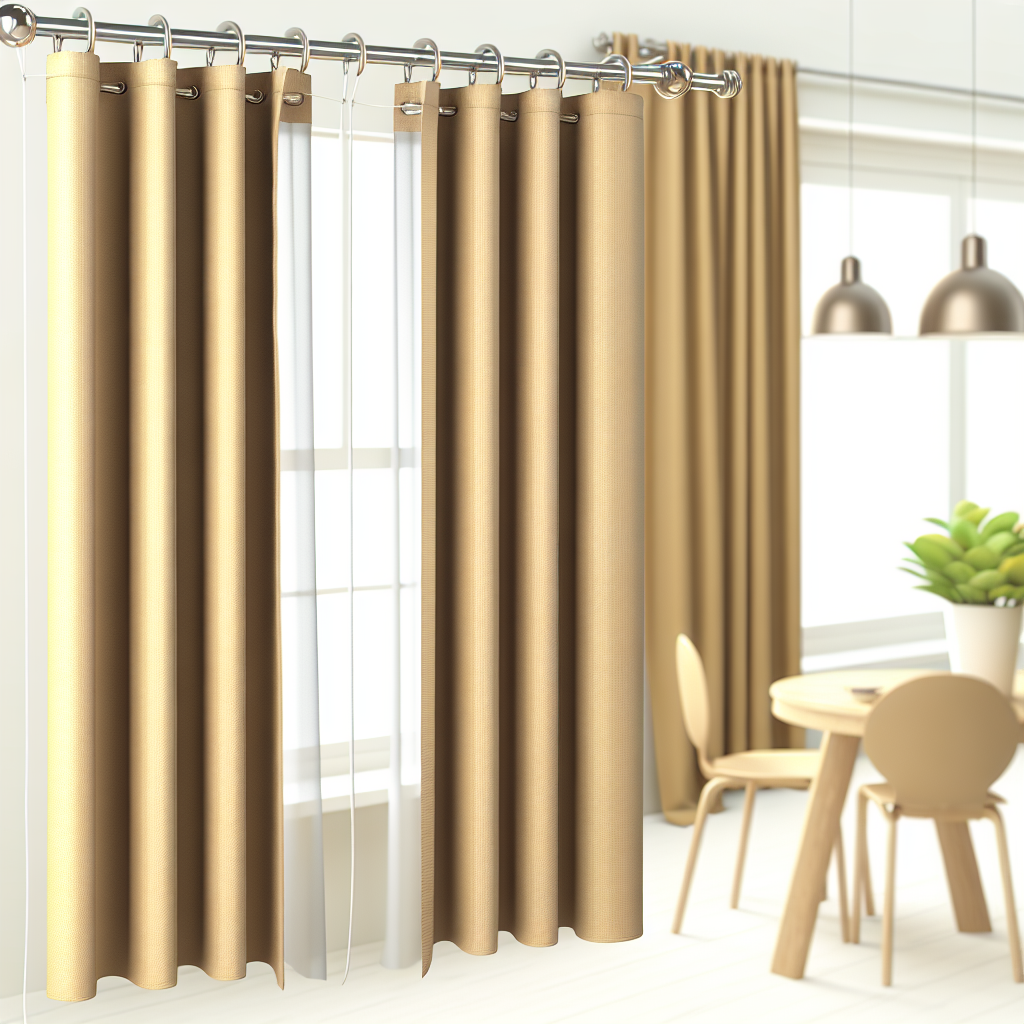 Rideau beige uni avec plis réguliers, suspendu à une tringle métallique dans une salle à manger lumineuse avec table et chaises en bois c...
