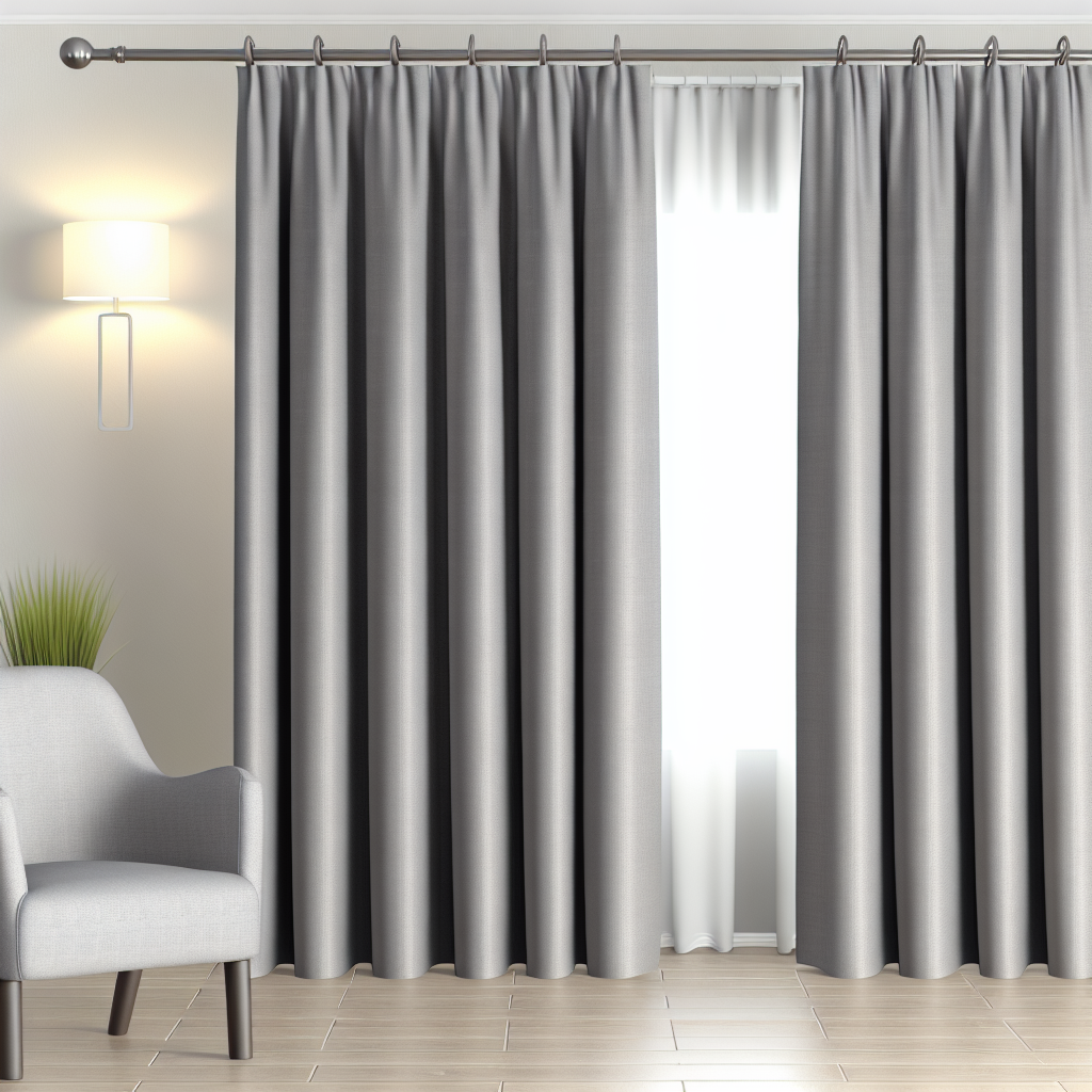 Rideau gris clair en tissu épais avec plis réguliers, tringle métallique, dans un salon moderne avec mur beige et fauteuil gris.