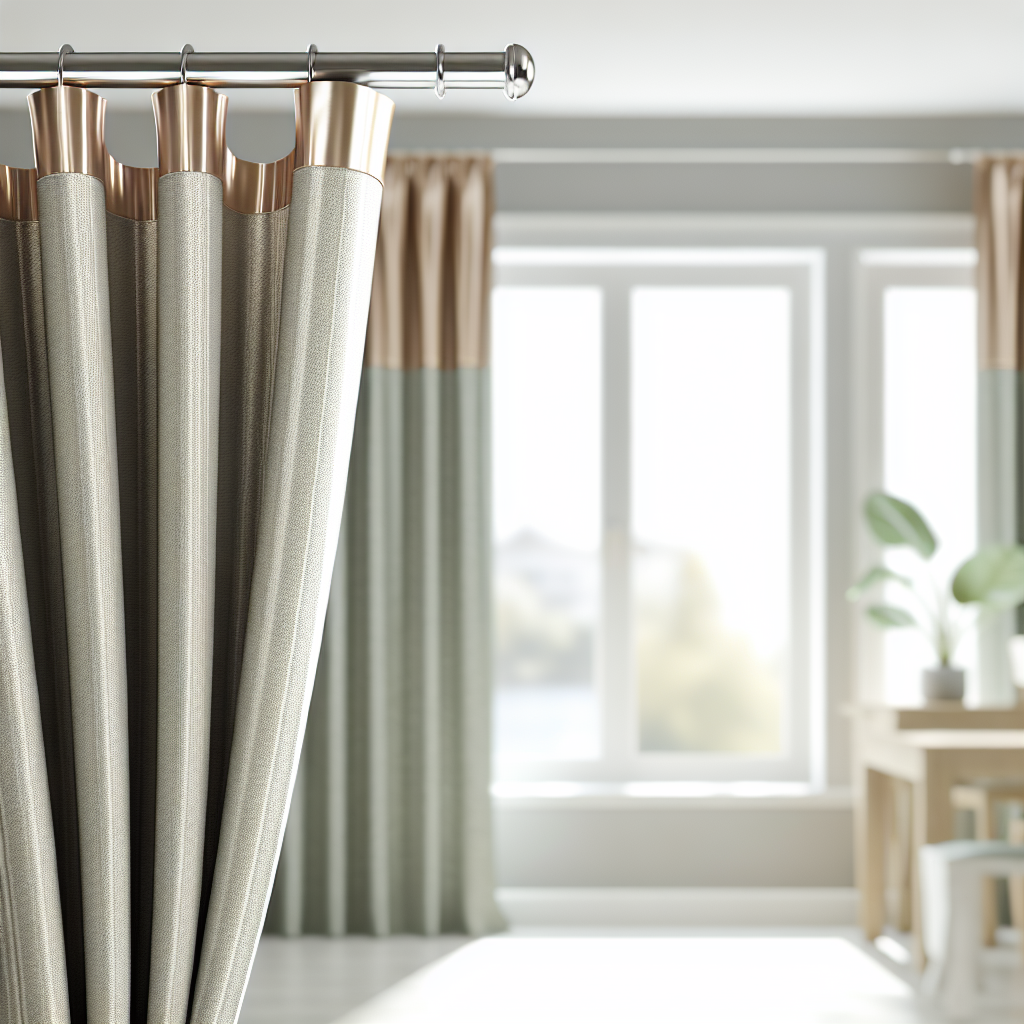 Rideau en tissu gris clair avec plis réguliers, accroché à une tringle métallique, dans un salon lumineux avec table en bois et plante ve...