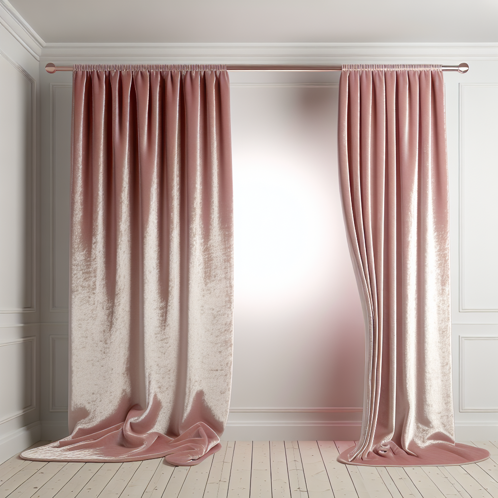 Rideau en velours rose pâle avec plis ondulés, tringle métallique dorée, dans une pièce aux murs blancs et sol en bois clair.