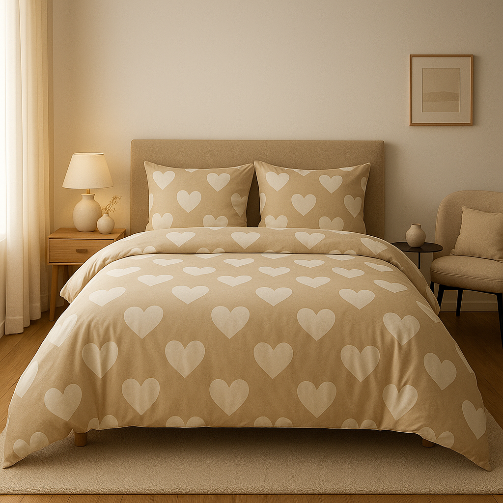 Housse de couette coeurs brodés sur tissu de coton, pour une chambre romantique et douce.