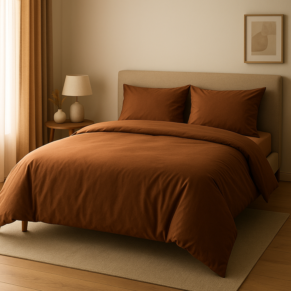 Parure de lit marron en coton, élégante et douce pour une chambre cosy et apaisante.