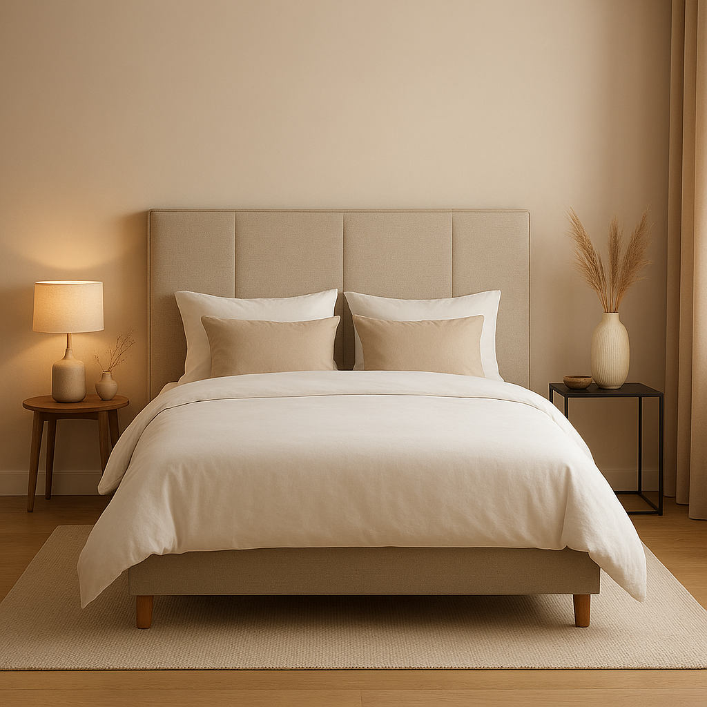 Tête de lit 180x200 en tissu, design moderne pour chambre à coucher élégante et confortable.