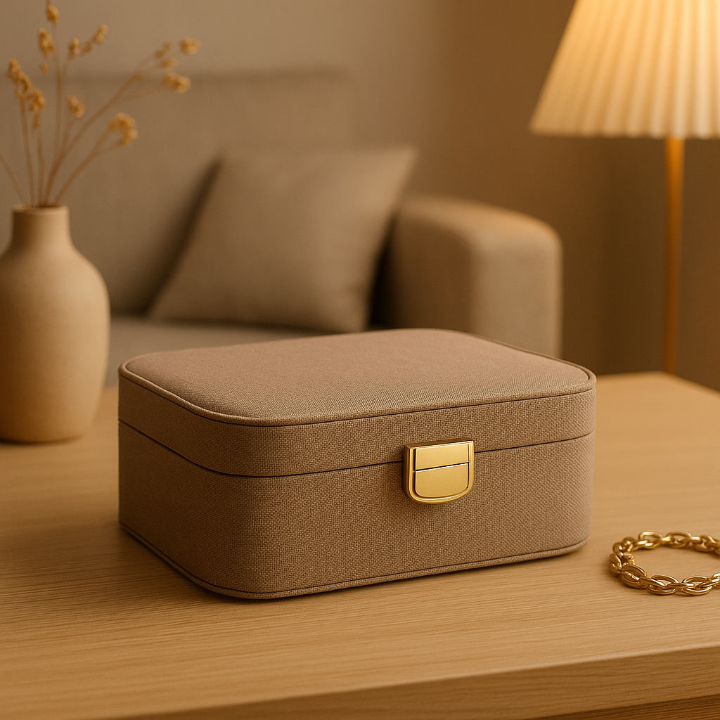 Boîte à bijoux personnalisable en bois avec gravure, pour ranger et protéger vos précieux accessoires.