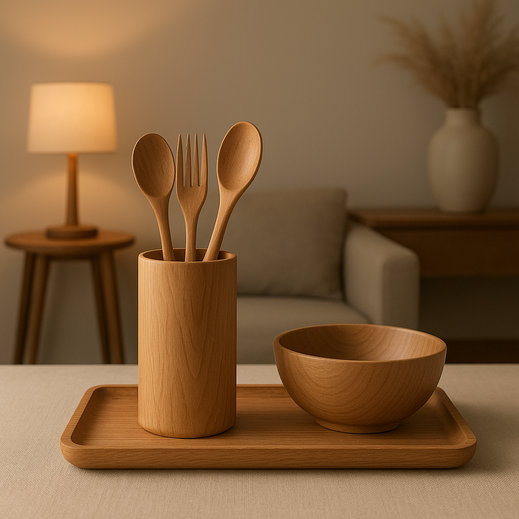 Couverts en bois naturel pour une table d'extérieur élégante et durable