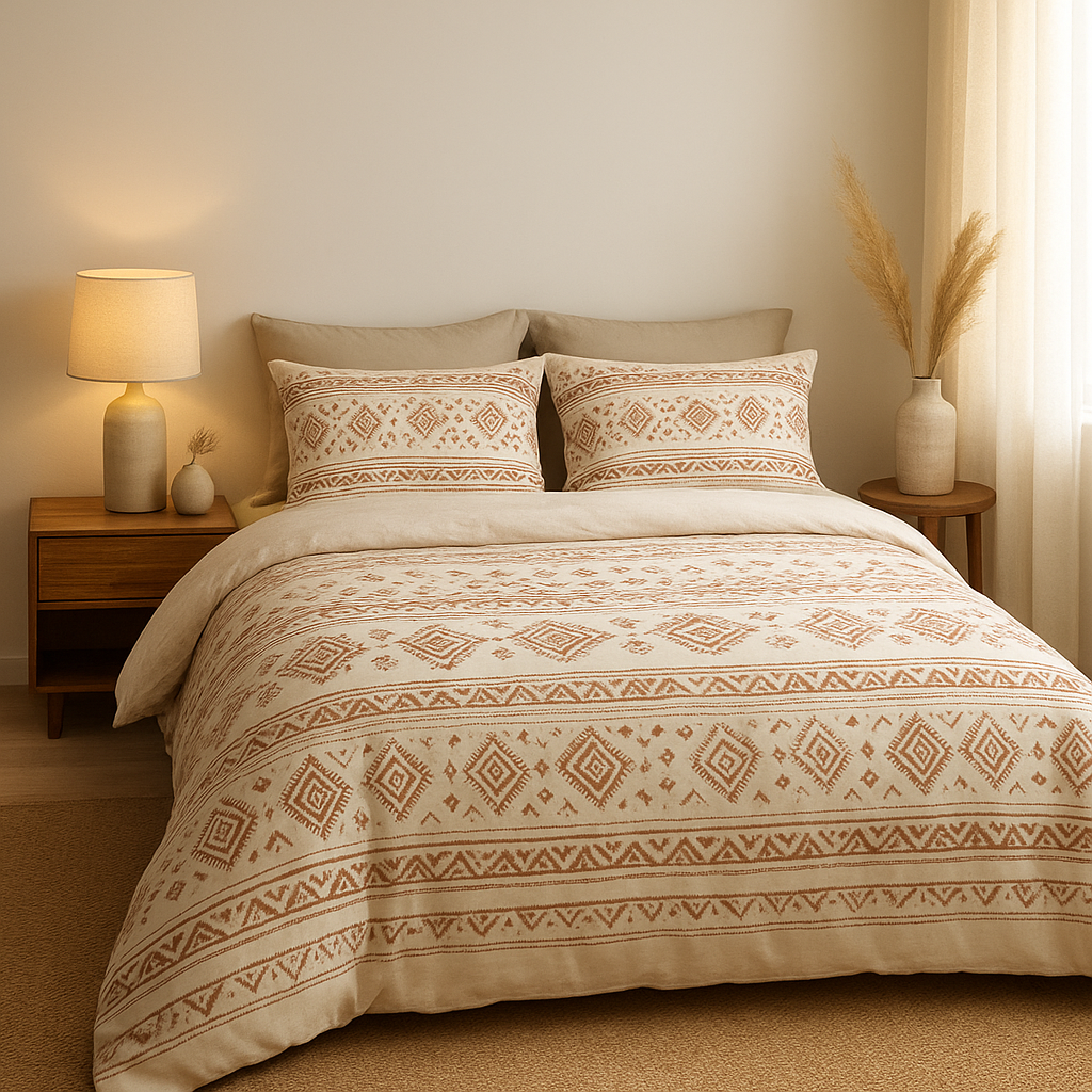Housse de couette bohème en coton léger, motifs ethniques et franges pour une déco boho chic.