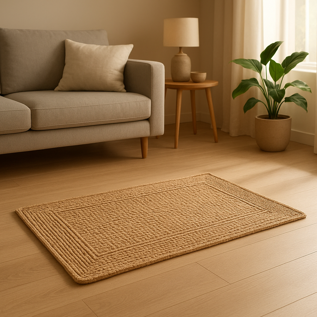 Paillasson en fibres naturelles tressées, motif traditionnel camarguais pour déco d'intérieur rustique.