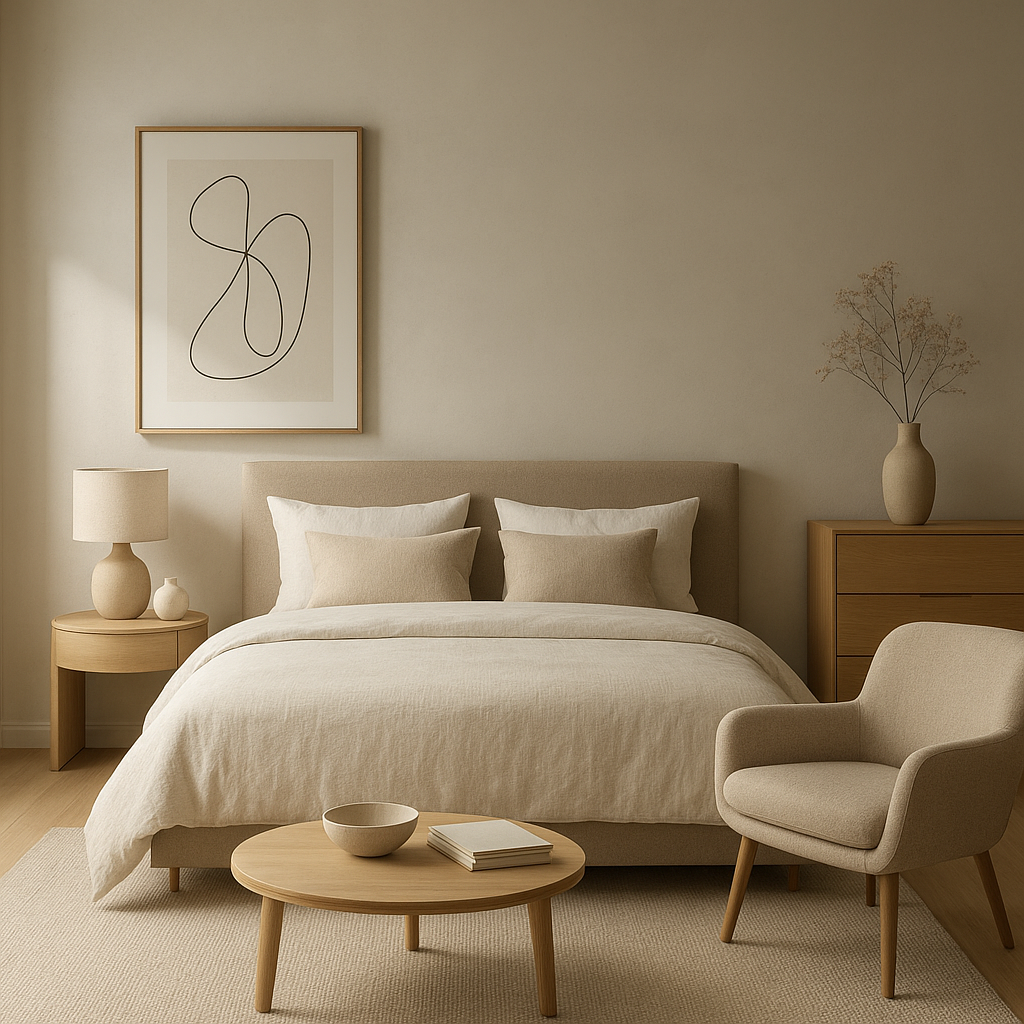 Décoration chambre parentale apaisante avec un lit à la tête de lit en tissu et des suspensions murales