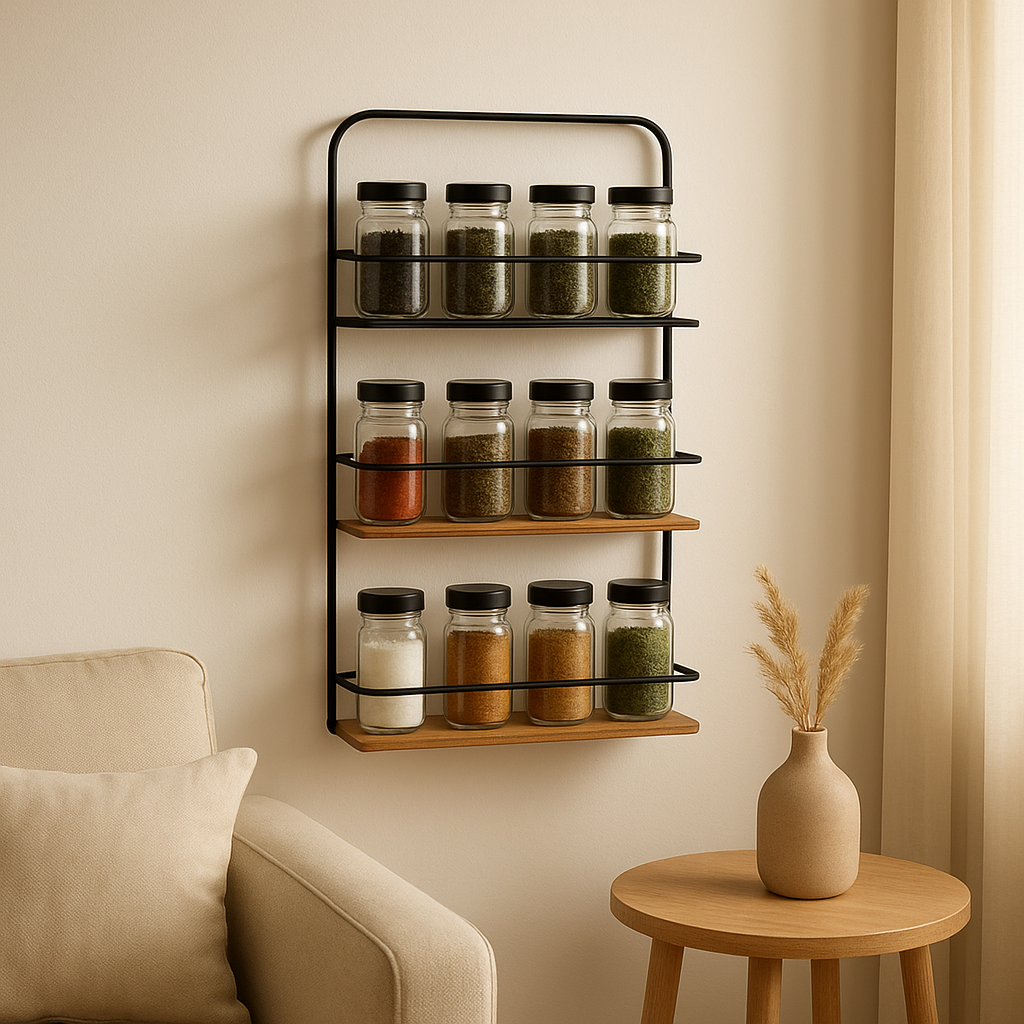 Étagère murale épices en bois pour cuisine, gain de place et rangement pratique