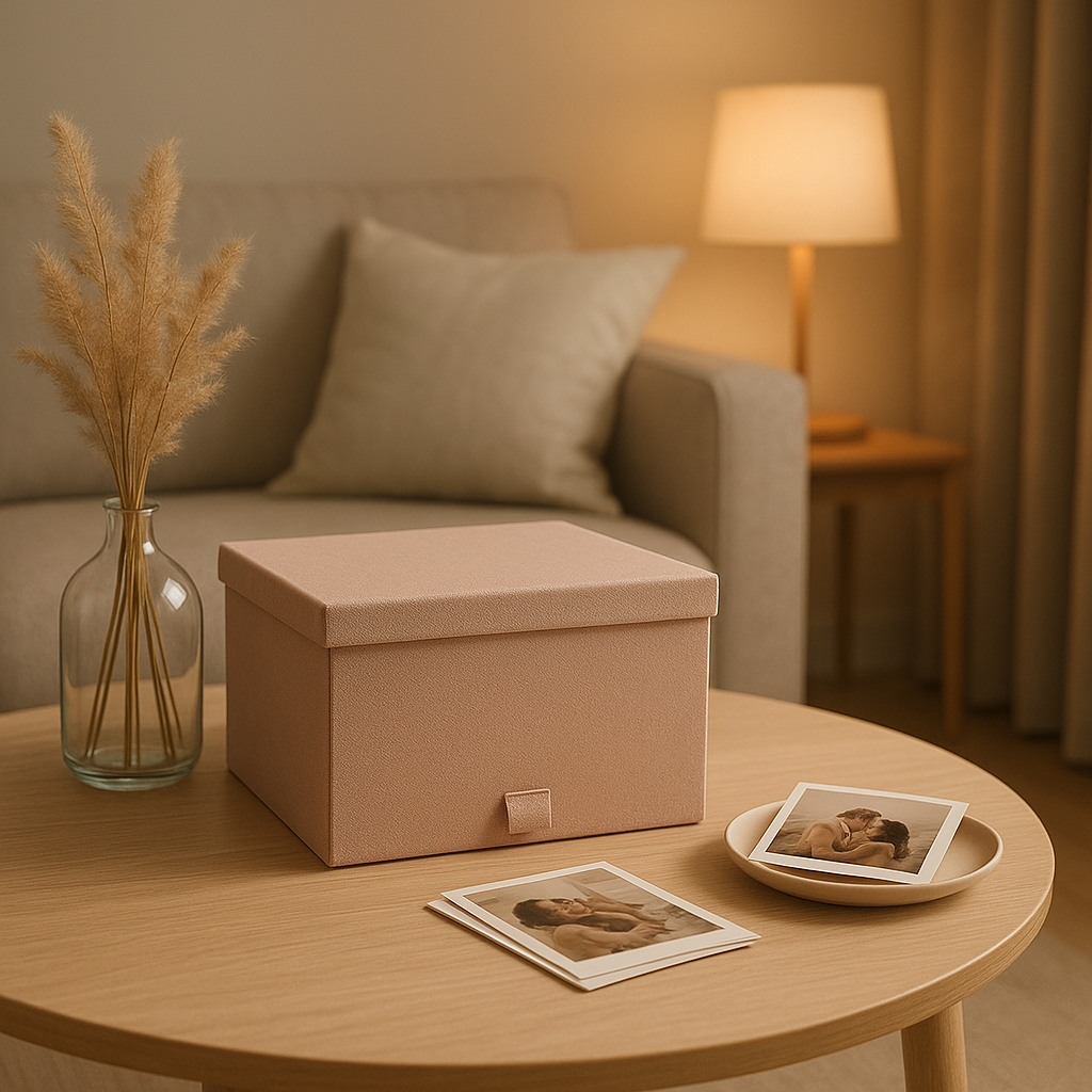Boîte de rangement pour photos et souvenirs en tissu avec couvercle amovible