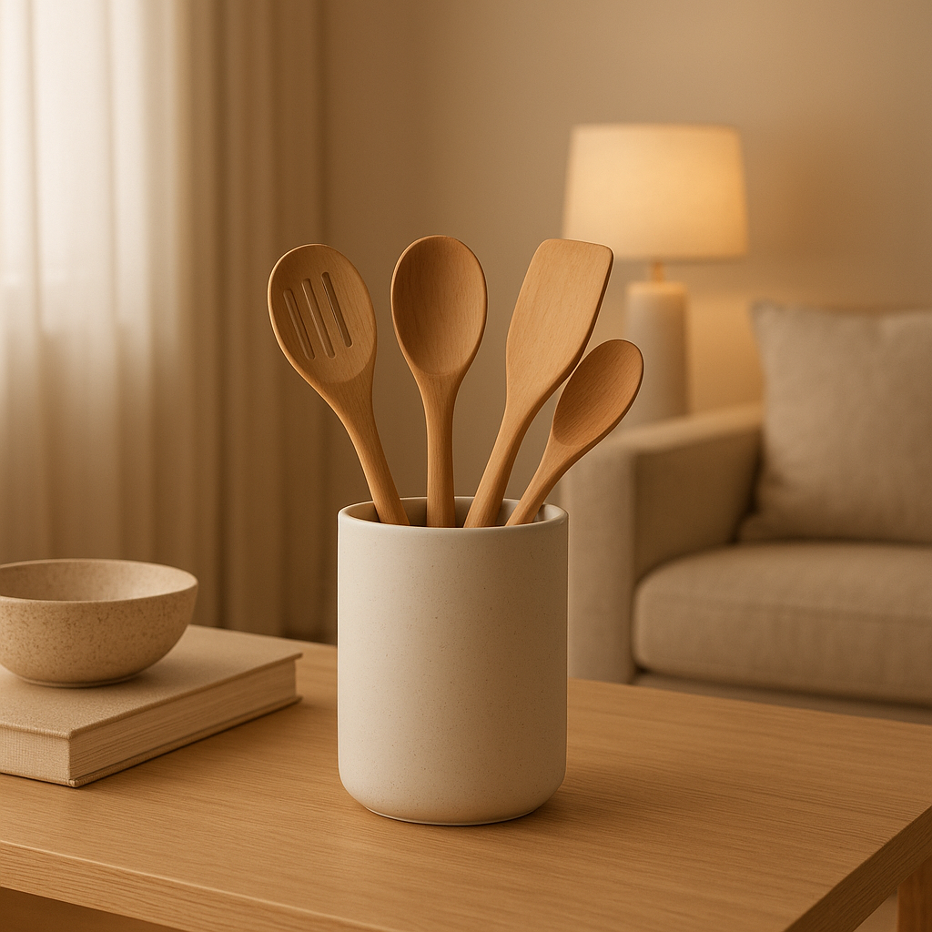 Pot à ustensiles en céramique design pour ranger vos cuillères en bois sur le plan de travail