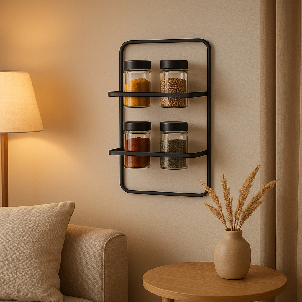 Porte-épices mural en bois avec pots en verre, gain de place et décoration pour cuisine.