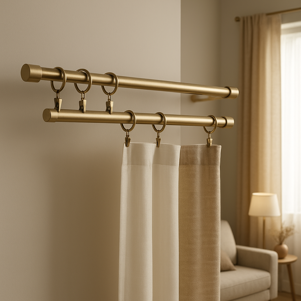 Support tringle à rideau double pour fenêtres avec deux rideaux, design élégant et fonctionnel.
