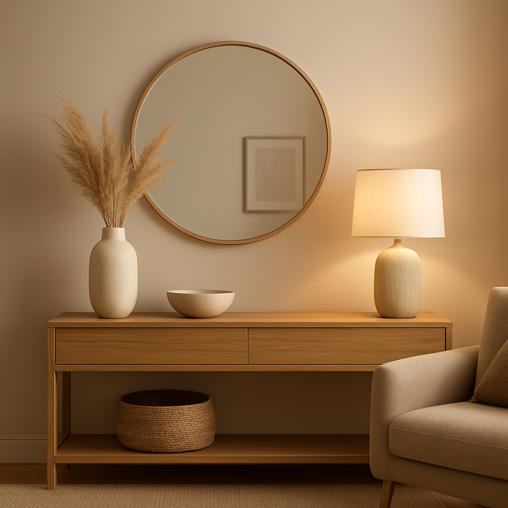 Décoration d'entrée maison élégante avec miroir, console et rangements pratiques