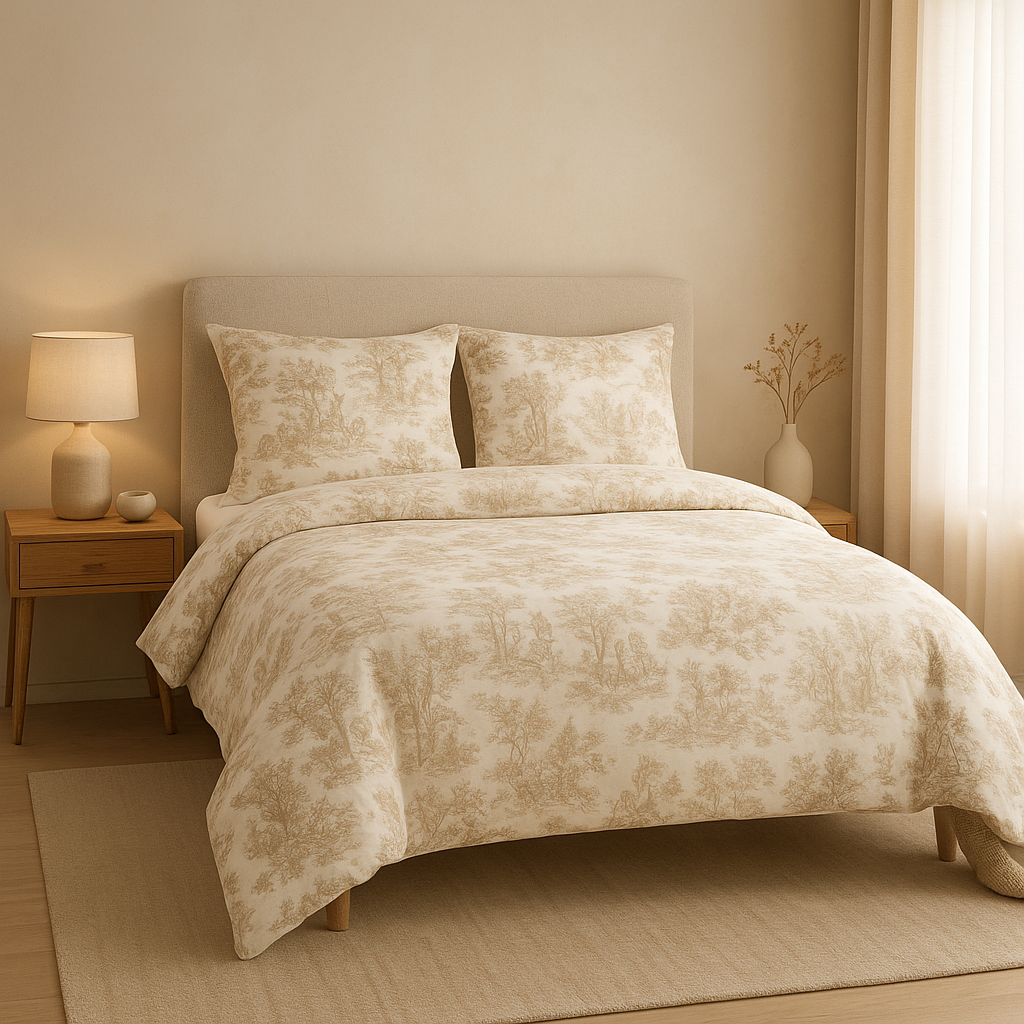 Housse de couette en toile de Jouy, motif floral élégant pour une chambre raffinée