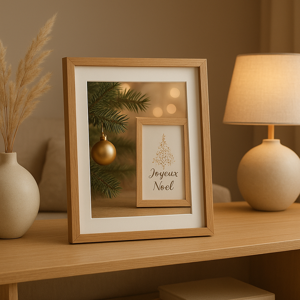 Cadre photo de Noël élégant pour afficher vos plus beaux souvenirs des fêtes en décoration intérieure.